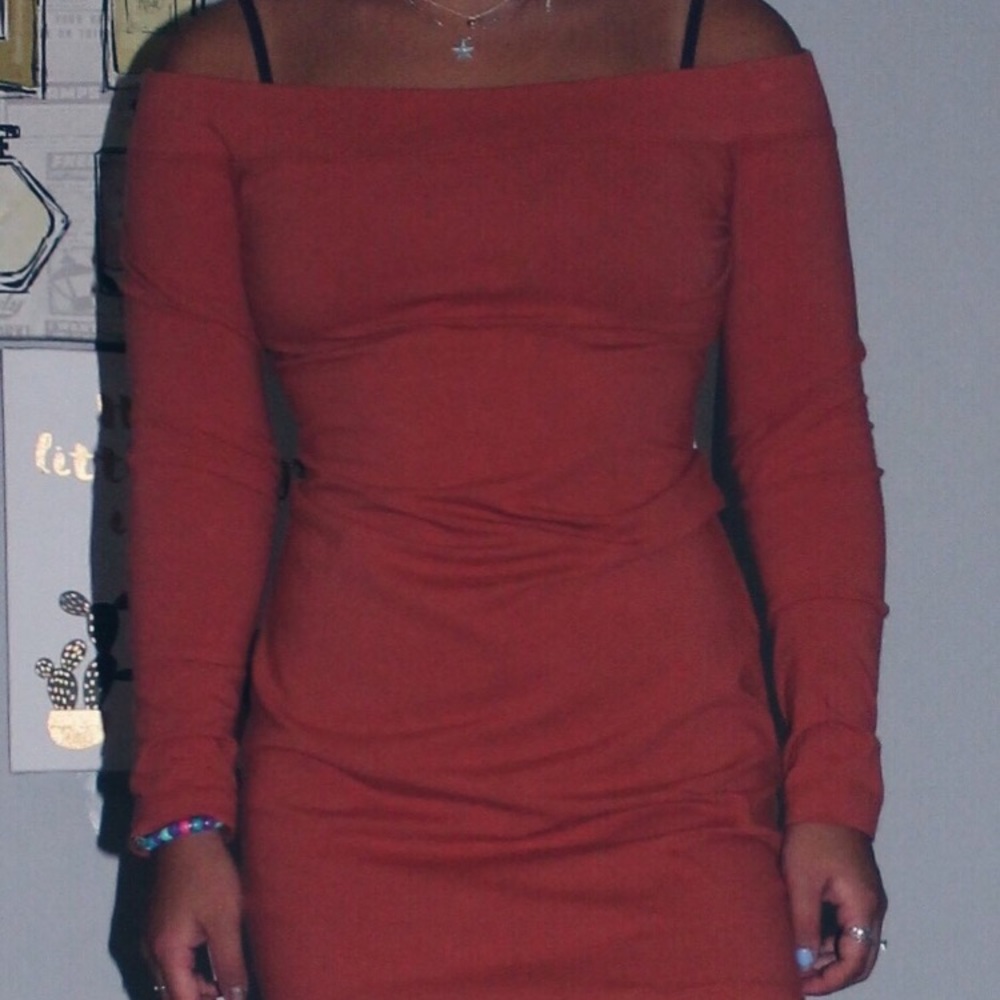 Burnt orange off shoulder mini dress